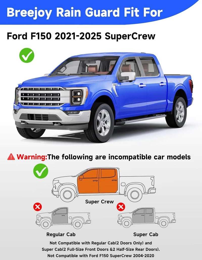 Breejoy in-Channel Extra Durable Rain Guards Fit for Ford F150 2021 2022 2023 2024 2025 2026 SuperCrew Truck, Window Rain Guards Visors Vent Visors Window Deflector Vent Shades Car Accessories -4 pcs - Image 3